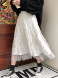 Nukty Elastic Folds Print Skirt Women A-Line Y2K Ruffle Skirts Harajuku Knee-Length Casual High Waist Party Streetwear Vintage Skirts