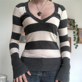 Nukty Stripe Knitted Sweater Tops Women Cute Insta Outfits V Neck Long Sleeve Autumn Sweatshirts Vintage Preppy T Shirt