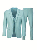 Nukty Men's Elegant 3pcs Light Blue Suit Set - Single Breasted Jacket with Lapel Collar, Matching Vest & Pants, Polyester Blend, Machine Washable - Ideal for Weddings, Parties, Business & Formal Occasions