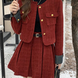 Nukty party look inspos Autumn Winter New Red Tweed Two-piece Skirt Set Women Short Jacket Coat Pleated Mini Skirt Korean Fashion Chic Female Outfits