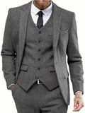 Nukty Mens Tweed Wool Herringbone Wedding Suit Prom Tuxedos 3pcs Peak Lapel Dress