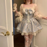 Nukty party look inspos 2024 Japanese Style Lolita Princess Dress Women Party Y2k Bandage Blue Cosplay Costumes Puff Sleeve Ribbon Bowknot Mini Dress