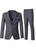 Nukty Men's Elegant 3pcs Light Blue Suit Set - Single Breasted Jacket with Lapel Collar, Matching Vest & Pants, Polyester Blend, Machine Washable - Ideal for Weddings, Parties, Business & Formal Occasions