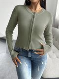 Nukty Long Sleeves Buttoned Solid Color Round-Neck Cardigan Tops