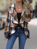 Nukty Long Sleeves Loose Contrast Color Plaid Split-Joint Collarless Outerwear