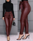 business casual women outfits chic Women's Fashion Casual Pu Pants Leather Pants (Including Belt)