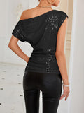 Nukty Loose Skinny Asymmetric Sequined Shiny Solid Color Split-Joint One-shoulder Vest Top