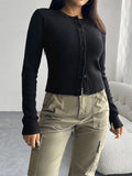 Nukty Long Sleeves Buttoned Solid Color Round-Neck Cardigan Tops