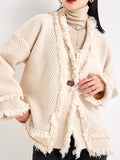 Nukty Long Sleeves Loose Buttoned Fringed Solid Color V-Neck Cardigan Tops