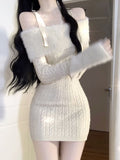 Nukty party look inspos Sexy Knitted New One Piece Dress Women Off Shoulder Sweet Vintage Y2k Mini Dress Female Korean Fashion Chic Sweater Dresses 2024