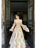 Nukty party look inspos Vintage Painting Printed Long Dress Women French New Square Collar Lantern Sleeve Midi Dresses Casual Lace-up Lady Vestidos