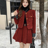 Nukty party look inspos Autumn Winter New Red Tweed Two-piece Skirt Set Women Short Jacket Coat Pleated Mini Skirt Korean Fashion Chic Female Outfits