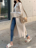 Nukty Long Sleeves Loose Pockets Solid Color Tied Waist Notched Collar Cardigan Coats