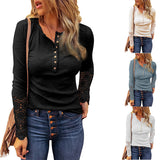 Women's Clothing Hot Round Neck Splicing Lace Sleeves Loose Solid Color Long-sleeved T-shirt