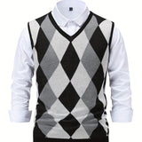 Nukty Men's Argyle Graphic Print Knitted Sleeveless Sweater, Casual V Neck Vest For Outdoor Activities