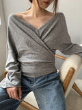 Nukty Long Sleeves Loose Buttoned Solid Color V-Neck Cardigan Tops