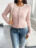 Nukty Long Sleeves Buttoned Solid Color Round-Neck Cardigan Tops