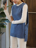 Nukty Simple Sleeveless Loose Buttoned Solid Color Round-Neck Sweater Vest Outerwear