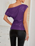 Nukty Loose Skinny Asymmetric Sequined Shiny Solid Color Split-Joint One-shoulder Vest Top