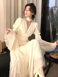 Nukty party look inspos French Pleated Long Sleeve Dresses for Women 2024 Elegant V Neck Flare Sleeve Ruffles Midi Vestiods Mujer Autumn Vintage Clothes