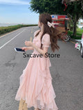 Nukty party look inspos French Fairy Chiffon Midi Dress Women Short Sleeve Casual Boho Beach Sundress Women Pink Elegant Korean Dress 2025 Summer Chic