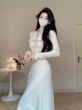 Nukty party look inspos French Solid Autumn Winter Knitted Dress Elegant Women New Peter Pan Collar High Waist Long Dress Lady Office Sweater Vestidos