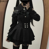 Nukty party look inspos 2024 Japanese Black Short Skirt Set Gothic Ruffle Mini Skirts Sexy Lace Off Shoulder Lolita Shirt Gown Faldas Y2k Aesthetic Suit