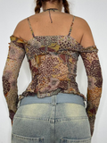 Nukty Summer Fashion Vintage Lace Mesh Tops Floral Print T-Shirts Woman Half Flare Sleeve V Neck Elegant Brown Tee Shirts