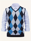 Nukty Men's Argyle Graphic Print Knitted Sleeveless Sweater, Casual V Neck Vest For Outdoor Activities