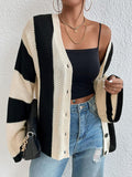 Nukty Flared Sleeves Long Sleeves Buttoned Contrast Color Striped V-Neck Cardigan Tops