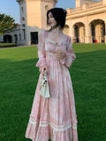 Nukty party look inspos Elegant Sweet Pink Print Midi Dresses for Women Flower Square Collar Lantern Sleeve Lace Patchwork Long Dress Autumn Party Robe