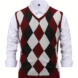 Nukty Men's Argyle Graphic Print Knitted Sleeveless Sweater, Casual V Neck Vest For Outdoor Activities