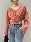 Nukty Long Sleeves Loose Buttoned Solid Color V-Neck Cardigan Tops