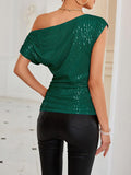 Nukty Loose Skinny Asymmetric Sequined Shiny Solid Color Split-Joint One-shoulder Vest Top