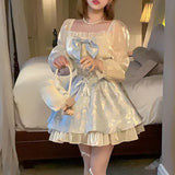 Nukty party look inspos 2024 Japanese Style Lolita Princess Dress Women Party Y2k Bandage Blue Cosplay Costumes Puff Sleeve Ribbon Bowknot Mini Dress