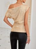 Nukty Loose Skinny Asymmetric Sequined Shiny Solid Color Split-Joint One-shoulder Vest Top