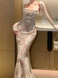 Nukty party look inspos Sexy Women Elegant Bodycon Slim Lace Dress Vintage Casual Backless Bandage Party Dress Female Fashion Long Robe Clothes Spring