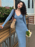 Nukty party look inspos Autumn Chic Knitted 2-piece Dress Set Women Crop Cardigan and V-neck Spaghetti Strap Midi Dress French Vintage Female Solid Suit