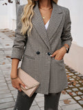 Nukty Loose Three-Quarter Sleeves Buttoned Contrast Color Plaid Pockets Notched Collar Blazer Outerwear