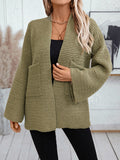 Nukty Long Sleeves Loose Pockets Solid Color Split-Joint Collarless Cardigan Tops