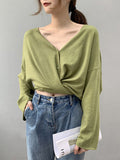 Nukty Long Sleeves Loose Buttoned Solid Color V-Neck Cardigan Tops