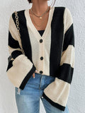 Nukty Flared Sleeves Long Sleeves Buttoned Contrast Color Striped V-Neck Cardigan Tops