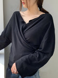 Nukty Long Sleeves Loose Buttoned Solid Color V-Neck Cardigan Tops