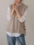 Nukty Simple Sleeveless Loose Buttoned Solid Color Round-Neck Sweater Vest Outerwear