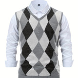 Nukty Men's Argyle Graphic Print Knitted Sleeveless Sweater, Casual V Neck Vest For Outdoor Activities