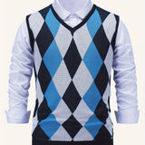 Nukty Men's Argyle Graphic Print Knitted Sleeveless Sweater, Casual V Neck Vest For Outdoor Activities