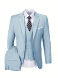 Nukty Men's Elegant 3pcs Light Blue Suit Set - Single Breasted Jacket with Lapel Collar, Matching Vest & Pants, Polyester Blend, Machine Washable - Ideal for Weddings, Parties, Business & Formal Occasions