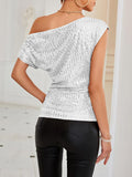 Nukty Loose Skinny Asymmetric Sequined Shiny Solid Color Split-Joint One-shoulder Vest Top