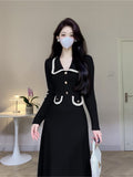 Nukty party look inspos French Solid Autumn Winter Knitted Dress Elegant Women New Peter Pan Collar High Waist Long Dress Lady Office Sweater Vestidos