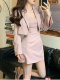 Nukty party look inspos Autumn Pink New Two Piece Dress Set Women Blazer Coat+Strap Dress Set Female Casual Korean Fashion Slim Elegant Dress Suit 2024